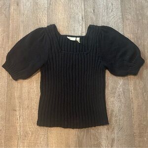 Black Knit Square Neck Puff Sleeve Top